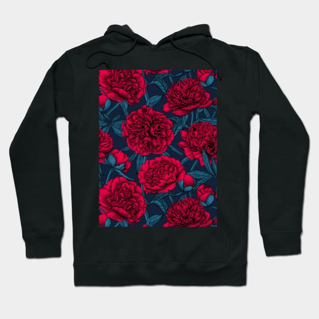 Night peony garden in red and blue Hoodie by katerinamk